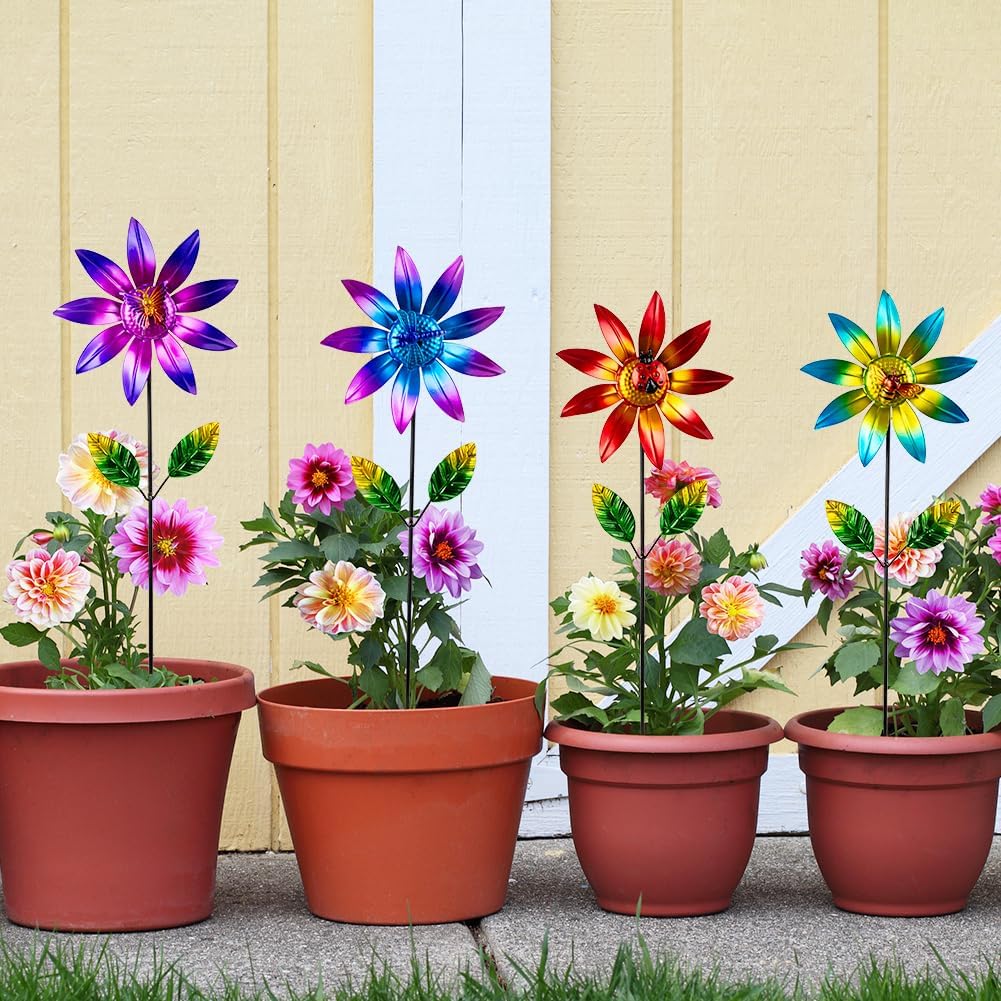 4 Packs Wind Spinner Outdoor, Pinwheels for Yard and Garden, Metal Flower Decorative Garden Stakes for Lawn Patio Porch