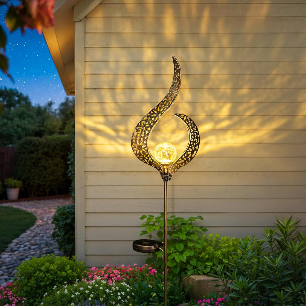 Outdoor Garden Gifts Solar Lights Stake Waterproof, Mothers Day Gifts Mom, Crackle Glass Metal Flower LED Yard Art