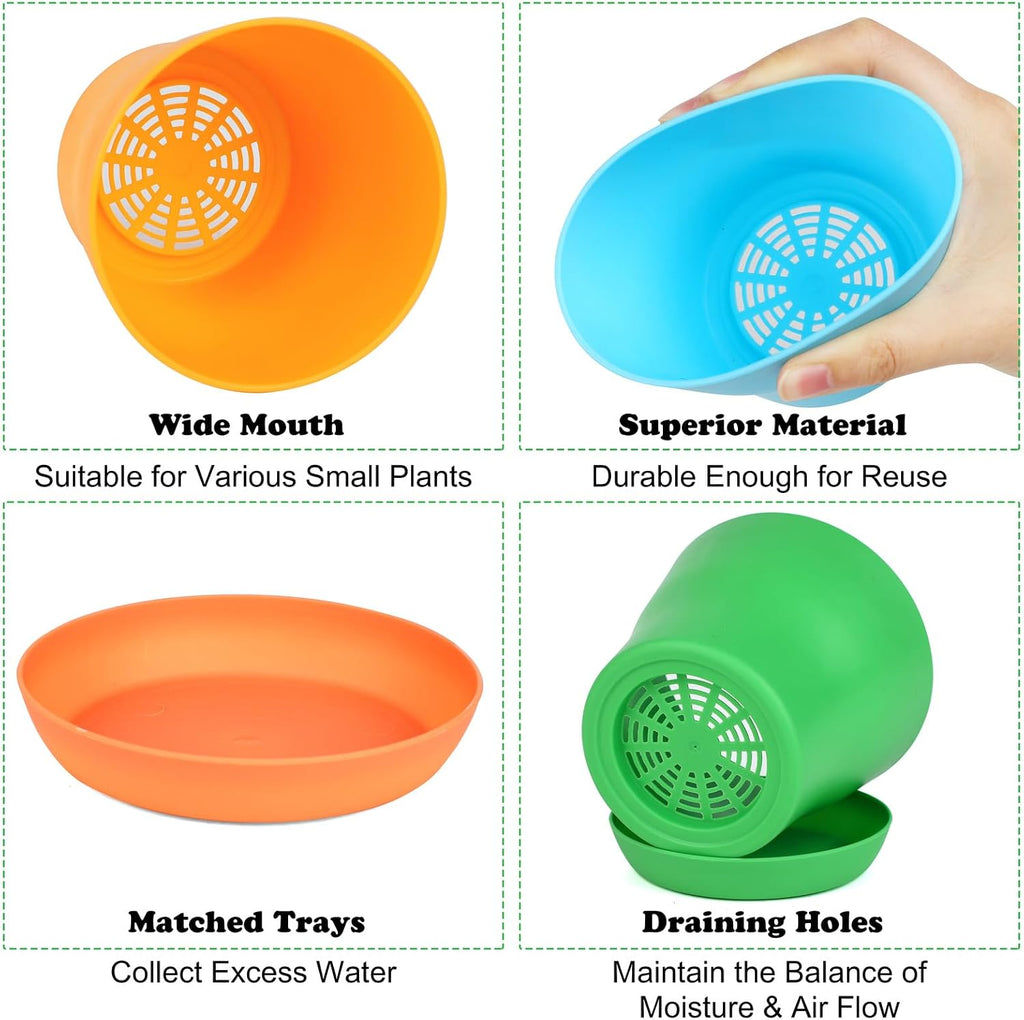 Hahood 60 Pieces Plastic Planters 4 Inch Flower Pot with Trays Labels Multicolor Flower Plant Pots Plants Nursery Pots