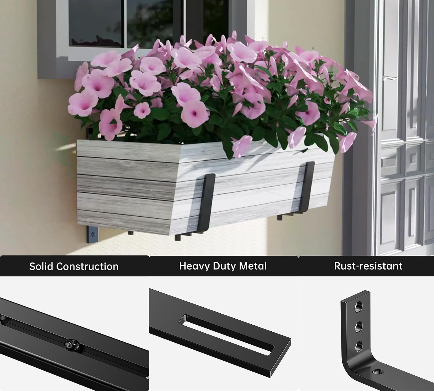 Y&M 6 Pack Adjustable Planter Box Brackets (6 to 12.5 in), Universal Window Box Brackets, Heavy Duty Iron Flower Box