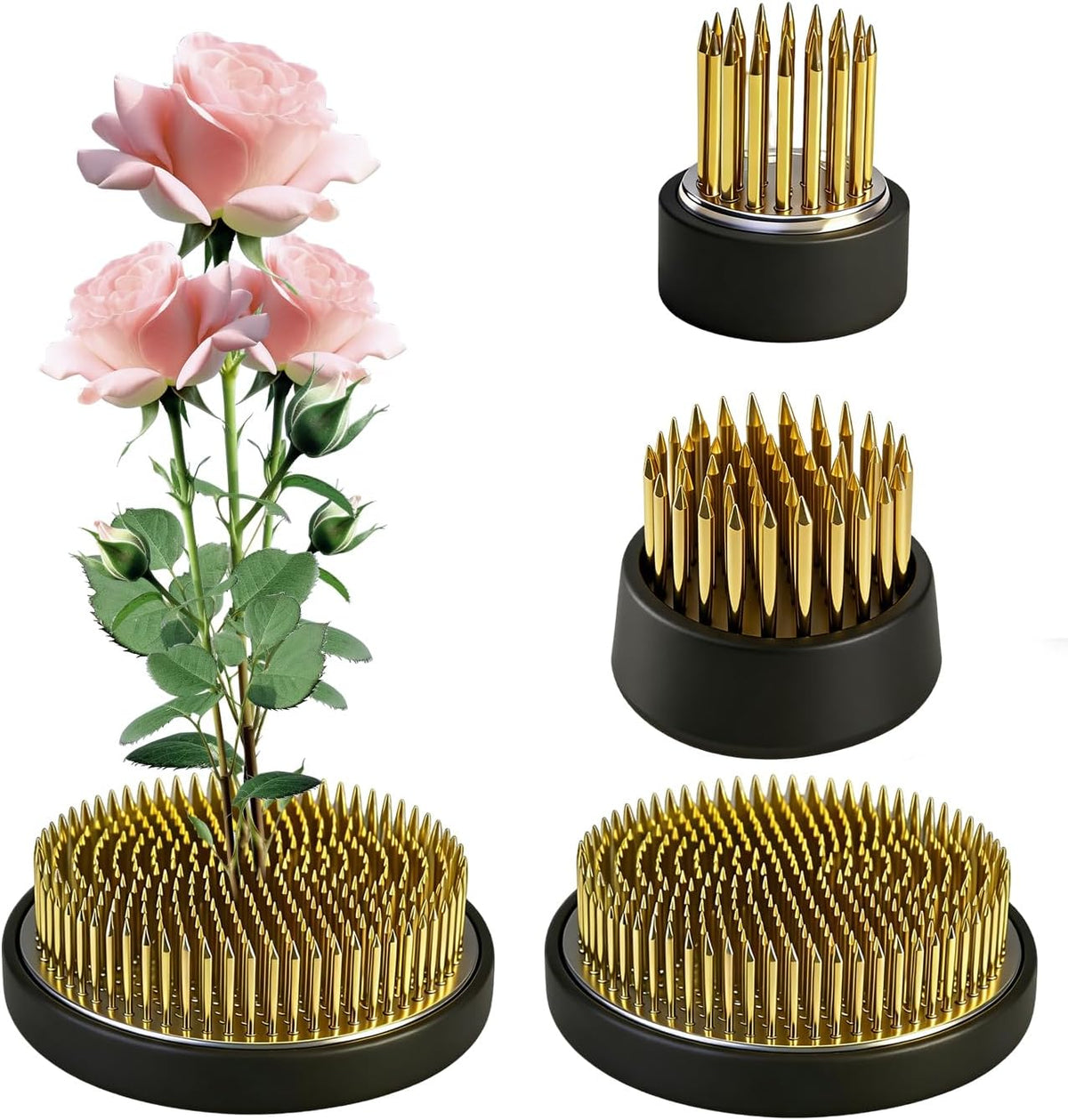3Pcs Multi Size Brass Flower Frog Kenzan Gold Ikebana Vase Stem Holder