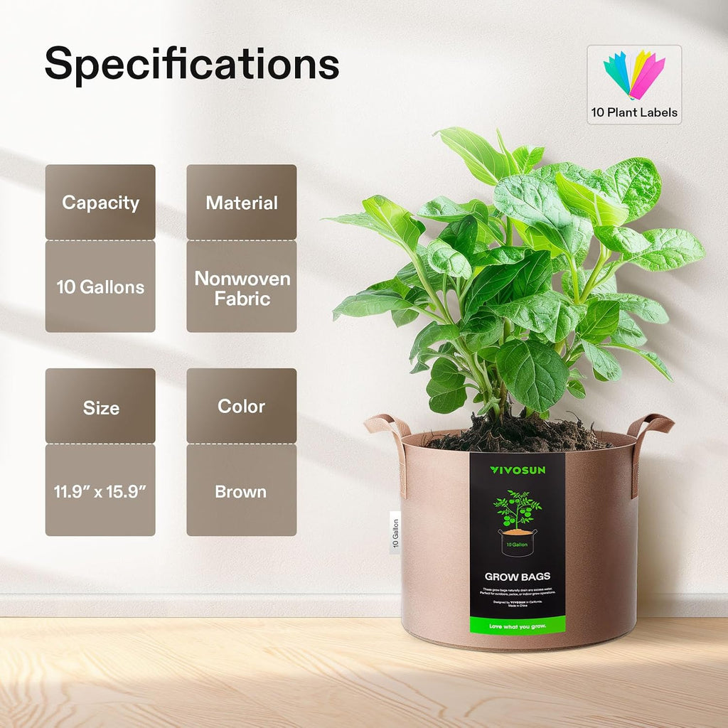 VIVOSUN 5-Pack 10 Gallon Plant Grow Bags Fabric Pots with Handles | 300G Thickened Nonwoven Fabric, Excellent Drainage