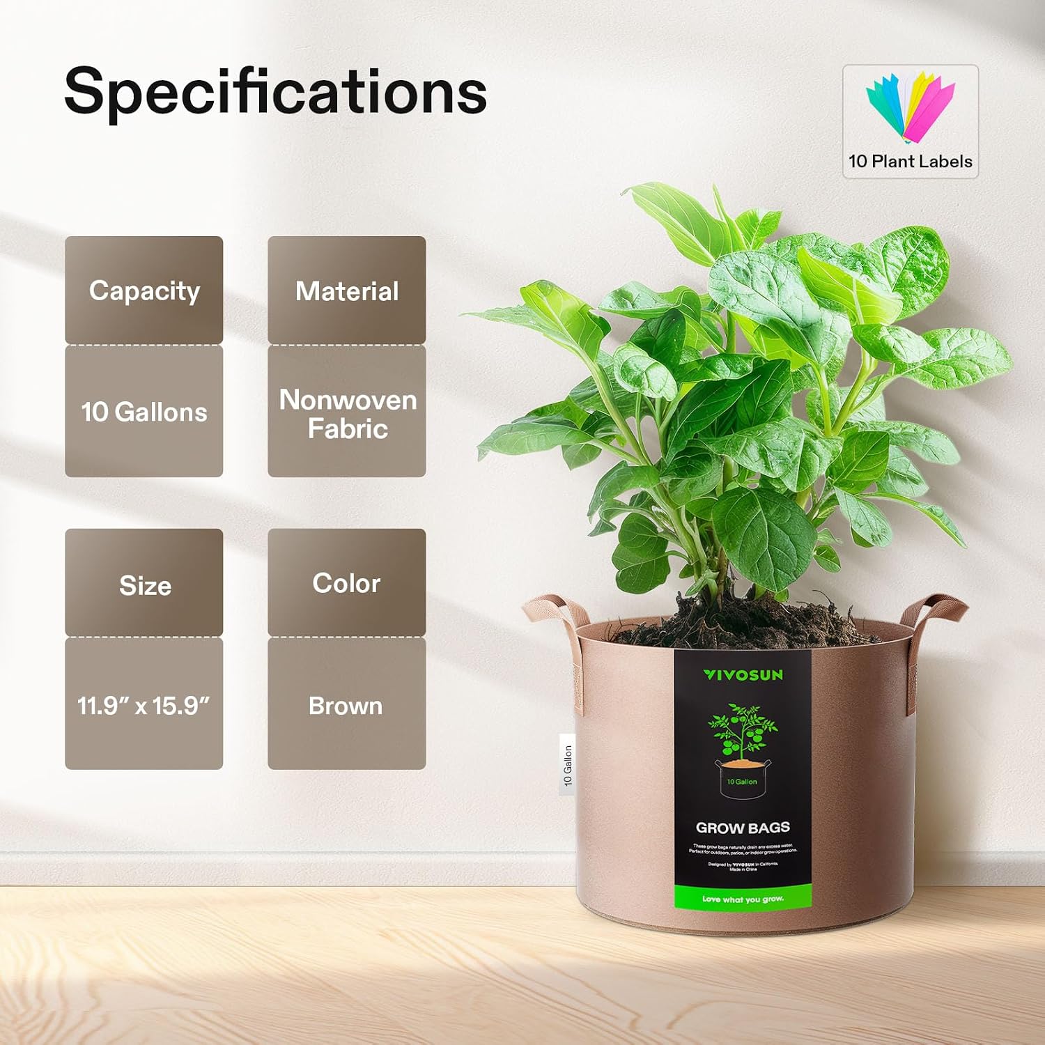 VIVOSUN 5-Pack 10 Gallon Plant Grow Bags Fabric Pots with Handles | 300G Thickened Nonwoven Fabric, Excellent Drainage