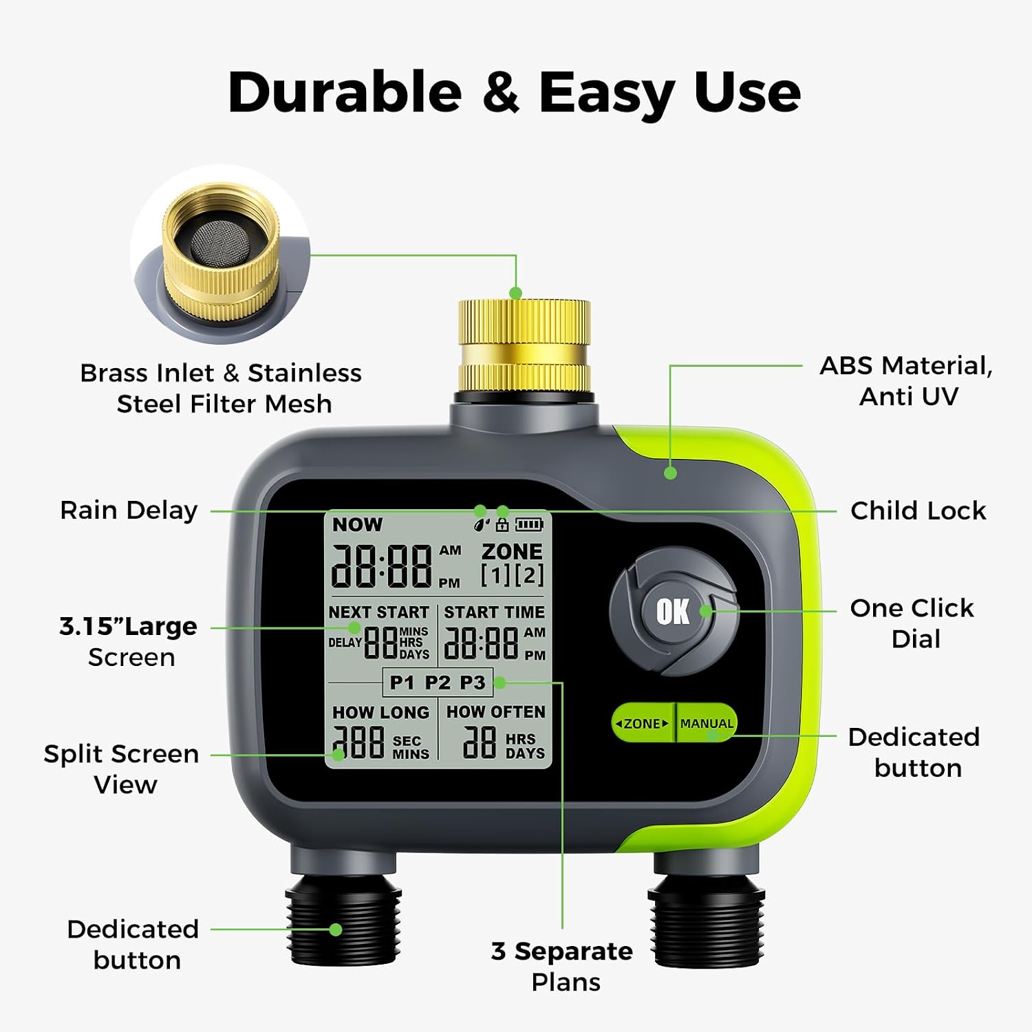 Sprinkler Timer, Watering Timer for Garden Hose, 2 Outlets Programmable Hose Timers with Rain Delay, Outdoor Soaker