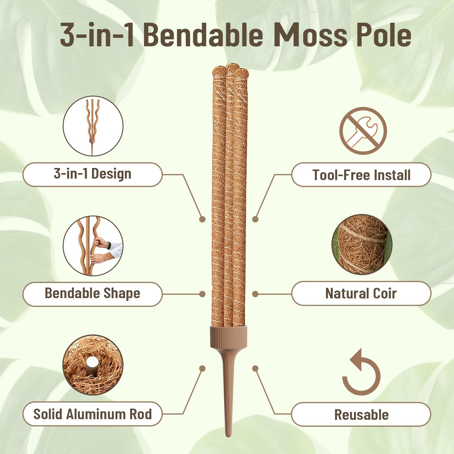 3-in-1 Moss Pole, Bendable 30IN Monstera Plant Support for Indoor-2 Pack | 3 Integrated Moss Poles for Climbing Plants