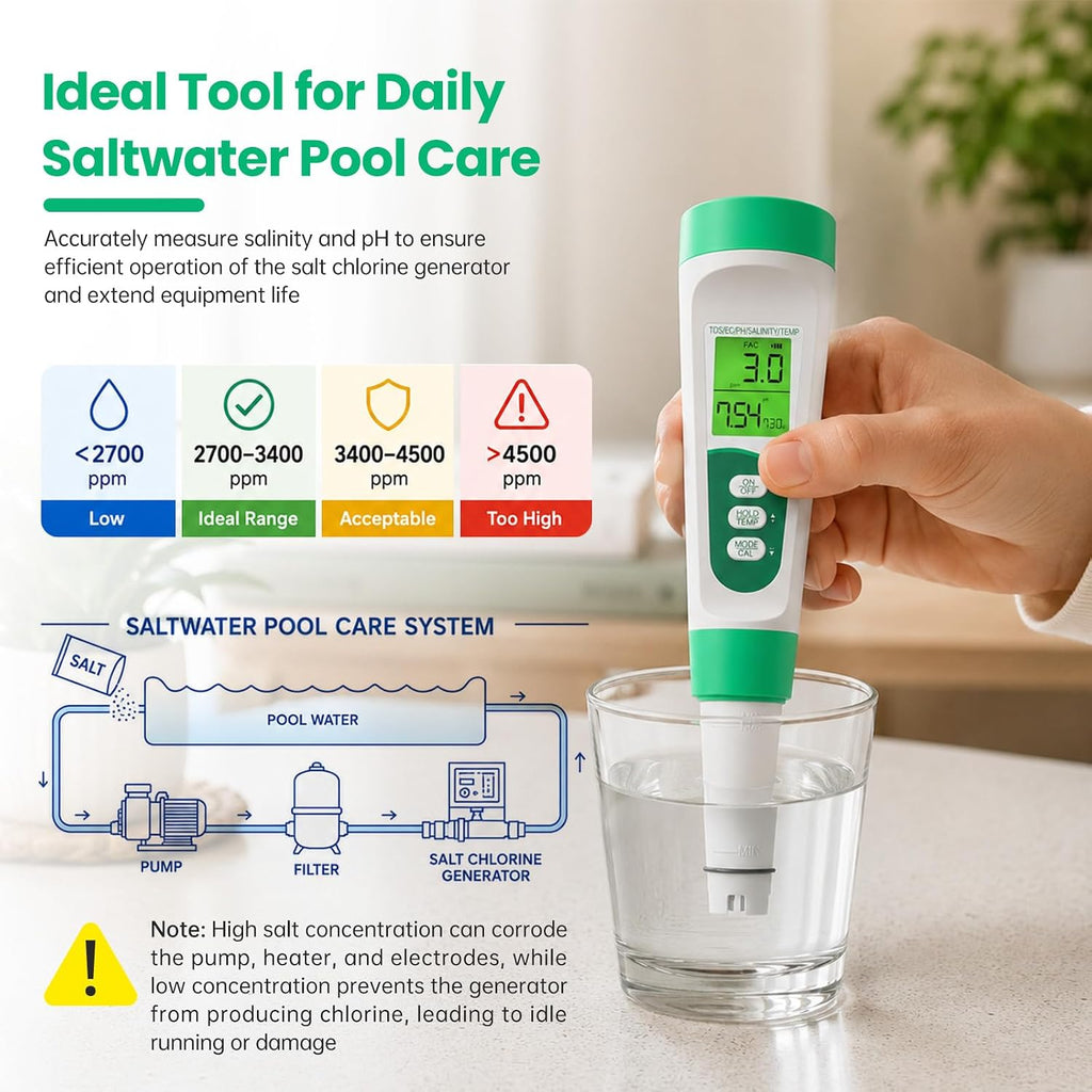 Salt Tester for Saltwater Pool & PH Meter, High Accuracy Pool Salt Tester, 5 in 1 Salinity PH Temp EC TDS Meter for
