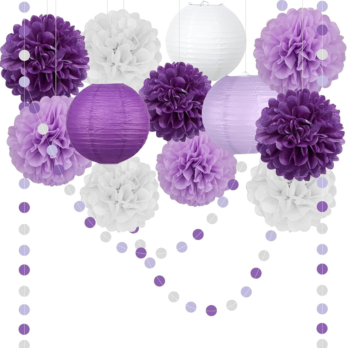14 Pcs Purple Birthday Decorations, Pom Poms, Paper Lanterns, Dot Garlands