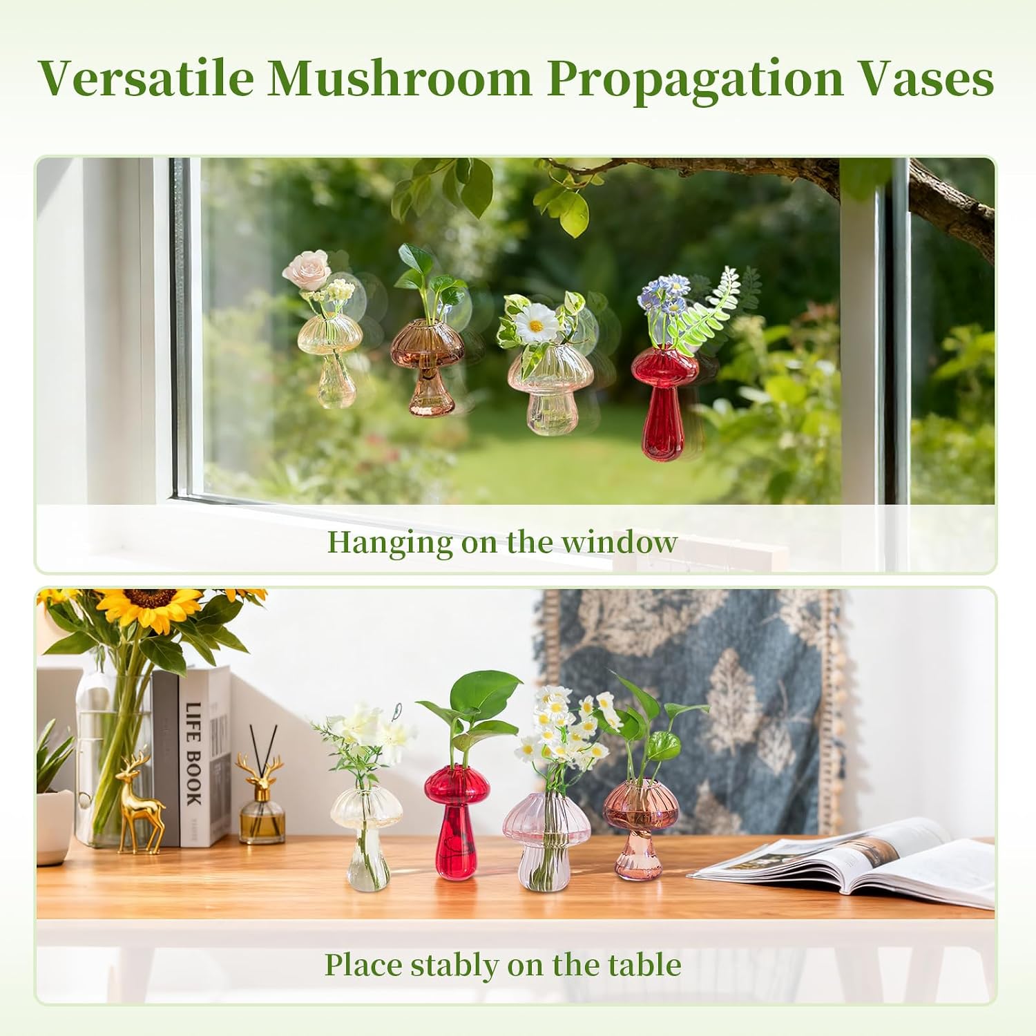 Glasseam Window Plant Propagation Station: 4Pcs Glass Hanging Mushroom Vase | With Suction Cup, Colorful, Cute