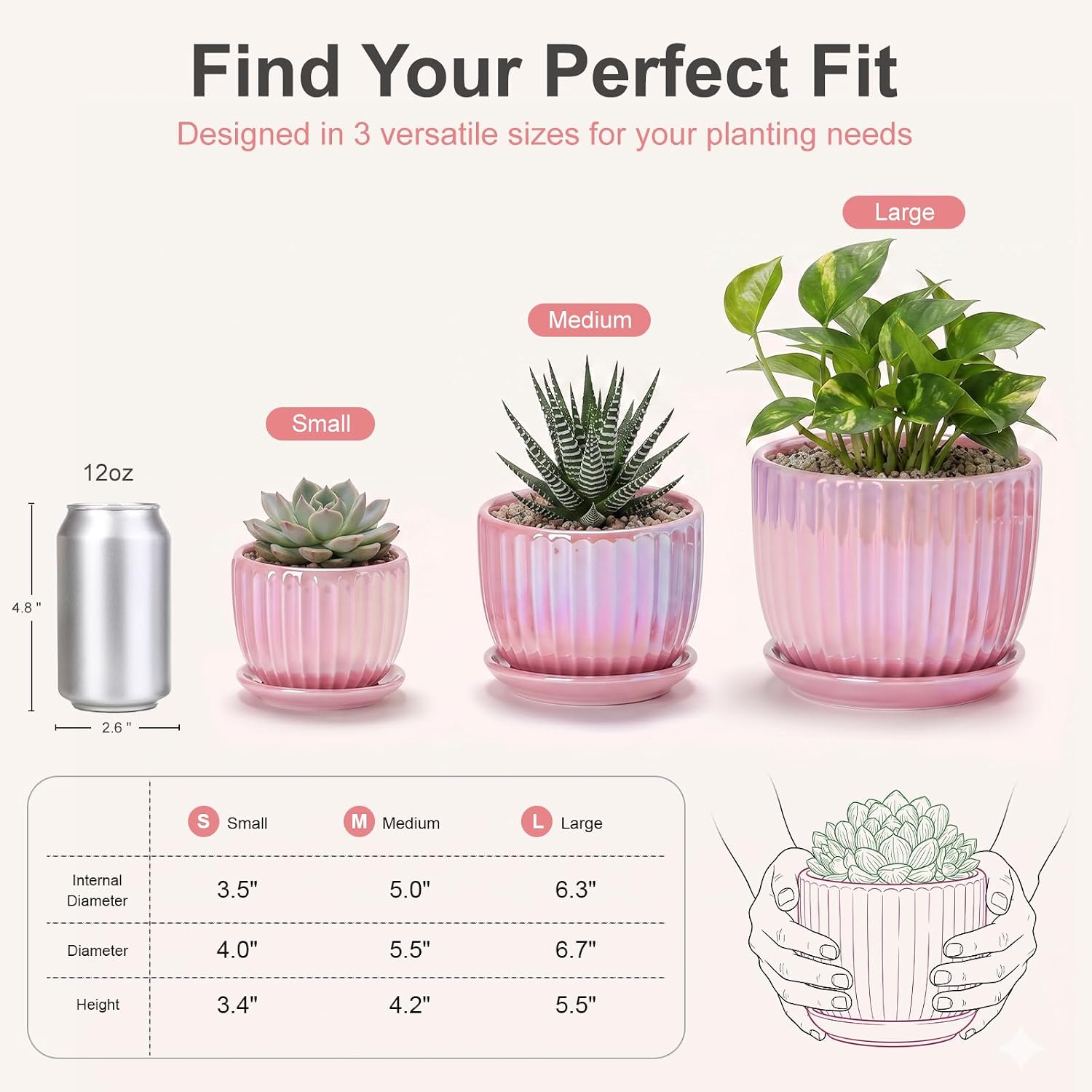 Pink Plant Pots，Ceramic Planters with Drainage Holes and Saucers Set of 3 | Ceramic Planters for Indoor Plants | Cute