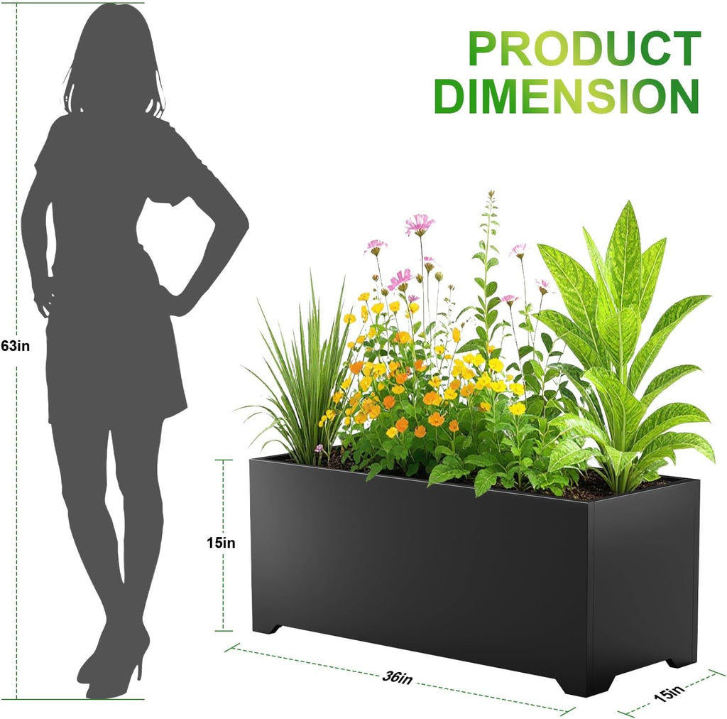 36" Black Long Box Planter with Legs, Large Rectangular Planter for Outdoor | Heavy-duty steel, rust-resistant, with
