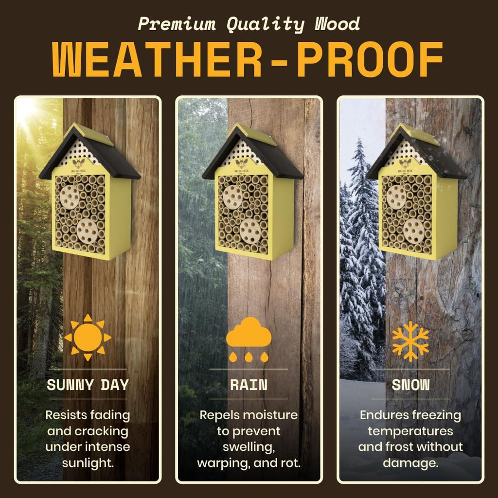 Bee House for Garden - Yellow with Nesting Tubes, Easy Mount | Wooden pollinator hotel with removable nesting tubes