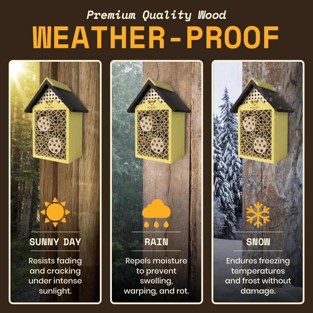 Bee House for Garden - Yellow with Nesting Tubes, Easy Mount | Wooden pollinator hotel with removable nesting tubes