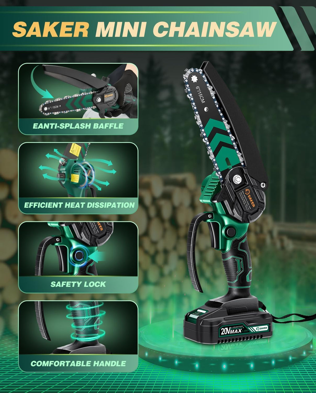 Saker Mini Chainsaw Cordless with Auto Oiler 6 Inch 2 Batteries+3 Chains | Mini Electric Chain Saw,Small Handheld