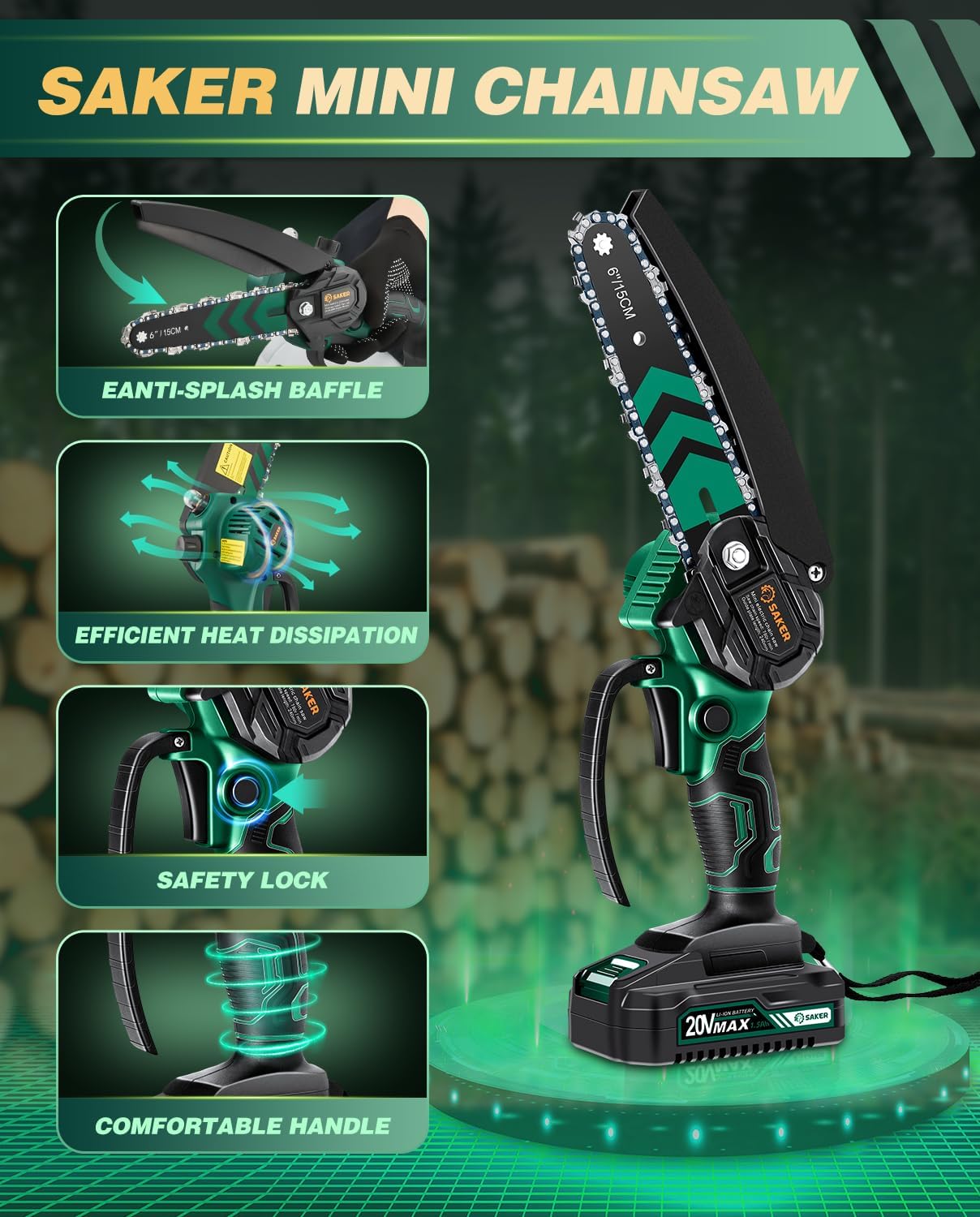 Saker Mini Chainsaw Cordless with Auto Oiler 6 Inch 2 Batteries+3 Chains | Mini Electric Chain Saw,Small Handheld