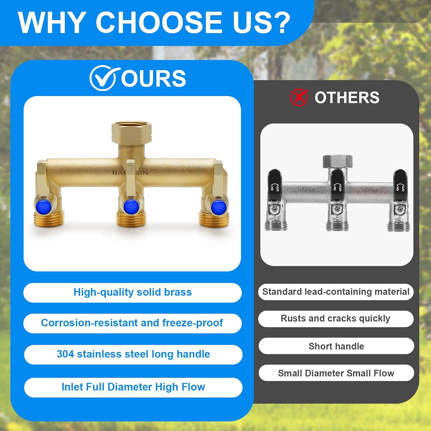 Brass Garden Hose Splitter, 3 Way Hose Splitter, Outdoor Hose Splitter, Outlet for Regulating and Shutting Off Water
