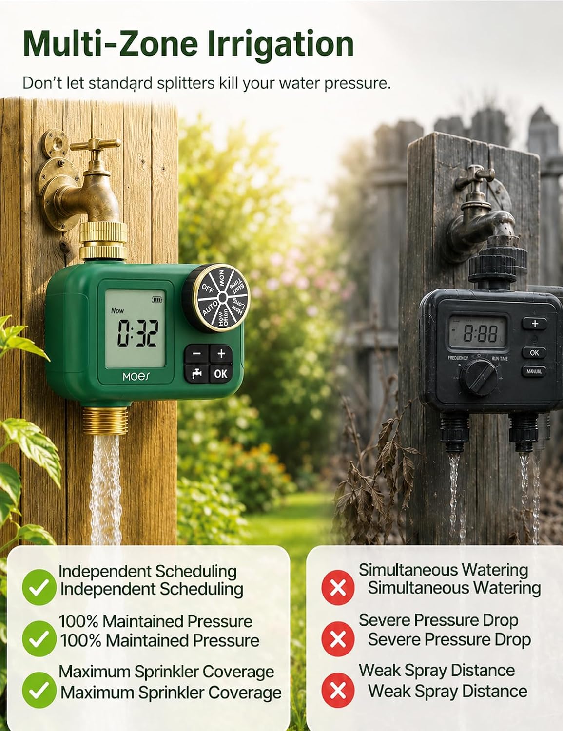 MOES 1-Zone Water Timer for Garden Lawn Hose, Brass 3/4 Inlet & Outlets | Independent Single-Outlet Sprinkler Timer