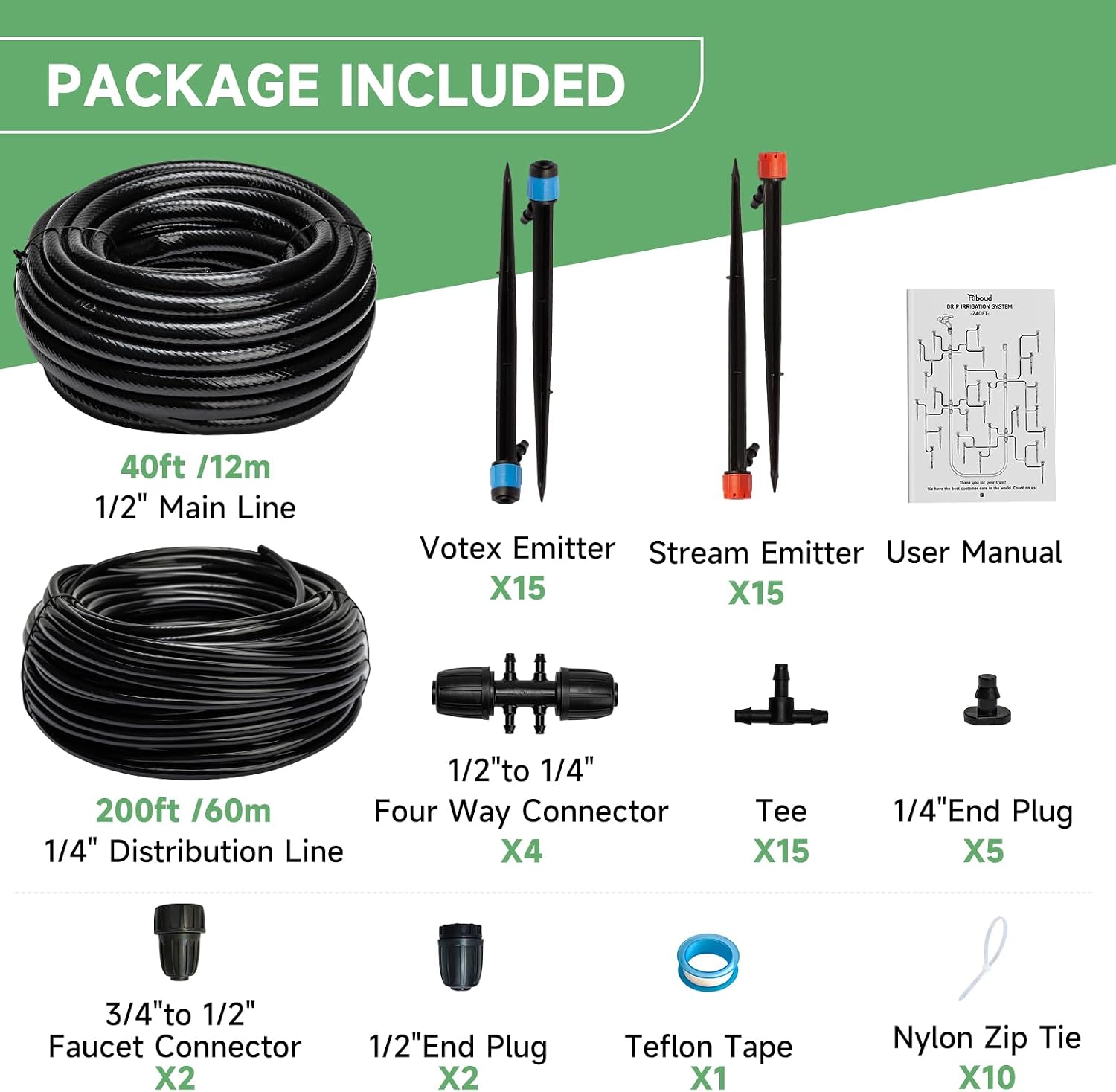 Riboud 240FT Drip Irrigation System Kit, Automatic Garden Watering System for Plant, Greenhouse, Yard, Lawn, with 1/2