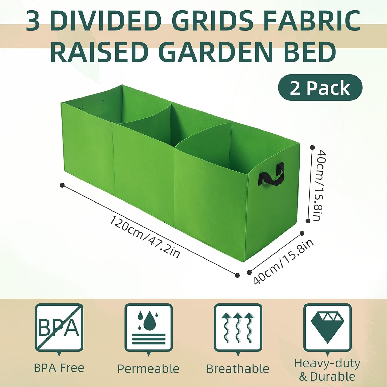 2 Pack Plant Grow Bags, 3 Divided Grids Fabric Raised Planting Bed Rectangle Raised Vegetable Planter Garden Planting