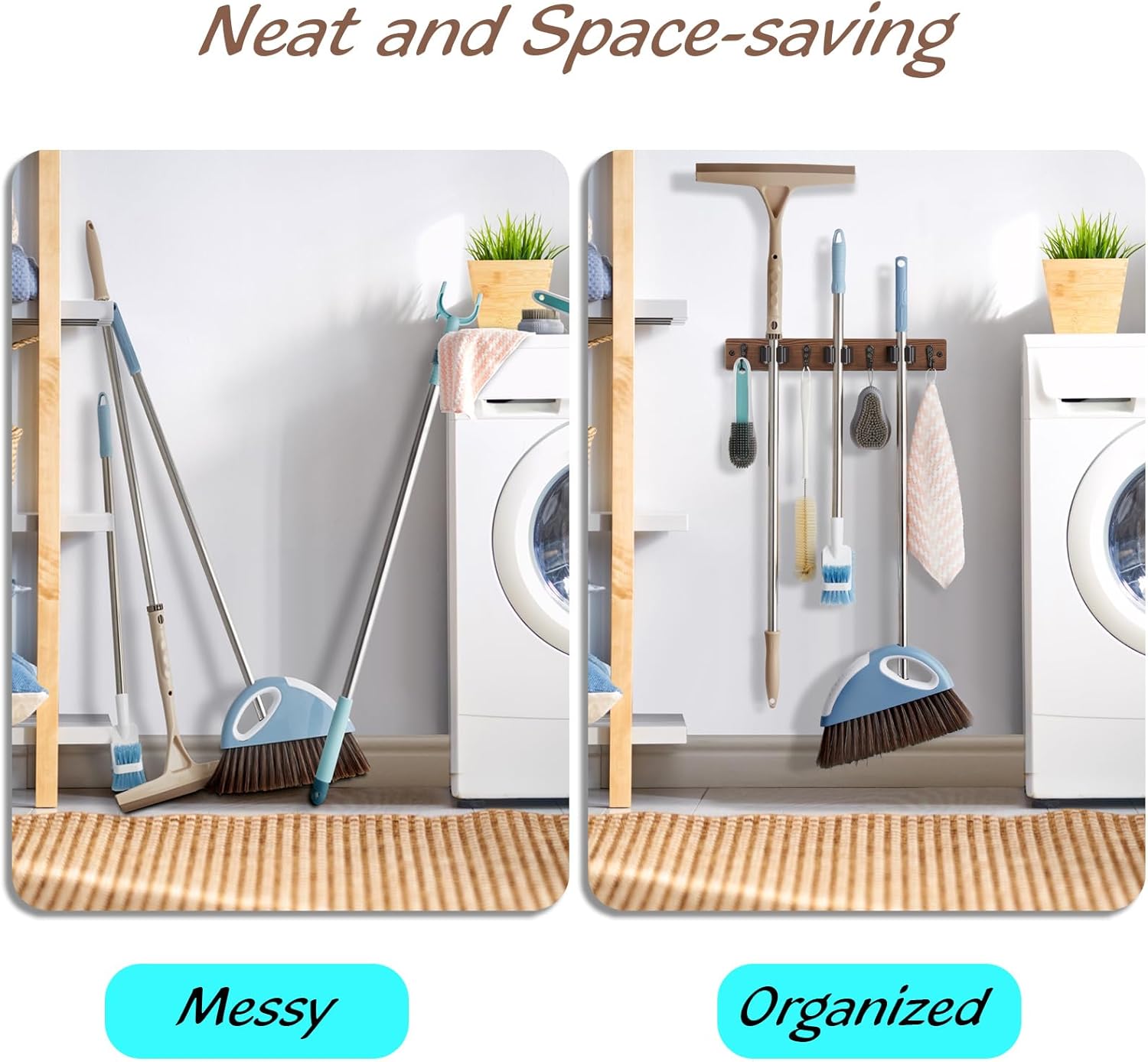 OUTNILI 2 Pack Mop Broom Holder Wall Mount - Wood Broom Mop Hanger - Wall Mounted Garden Tool Rack Organizer for Closet