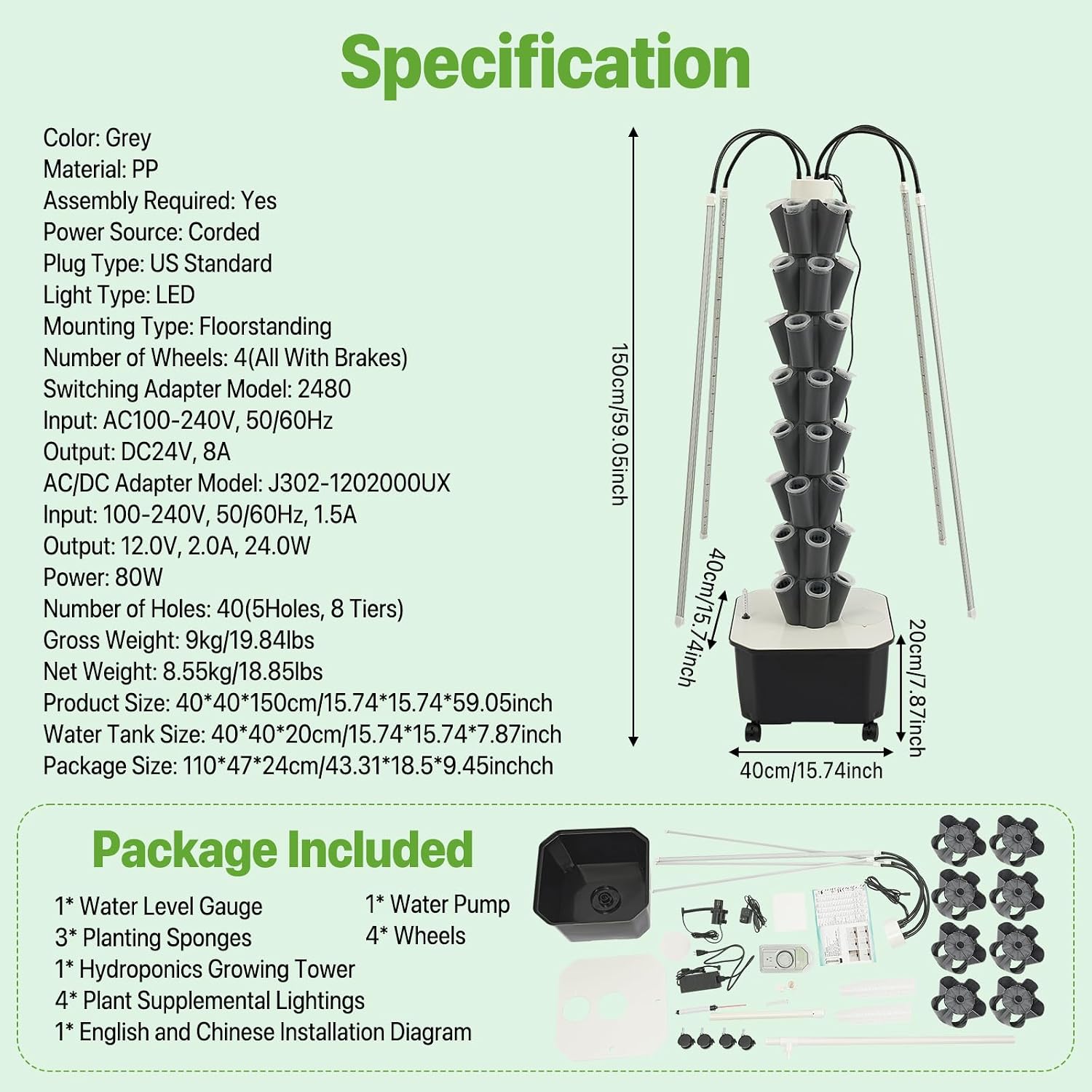 Hydroponic Growing System Tower, 80W 40 Plants 5-Layer Hydroponic Tower with LED Light Vertical Hydroponics Garden
