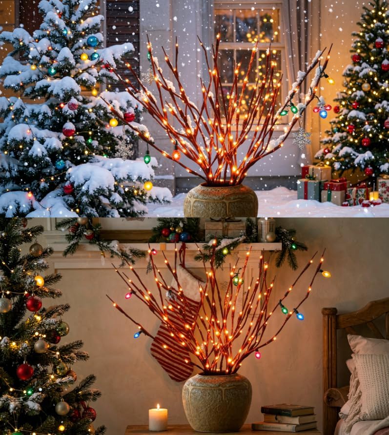 DK177 4Pack Led Branch Light Battery Operated Lighted Branch Vase Filler Willow Tree Artificial Little Twig Power Brown 30 Inch 20 LED for Home Romantic Decoration, 4Pack Orenge-Light