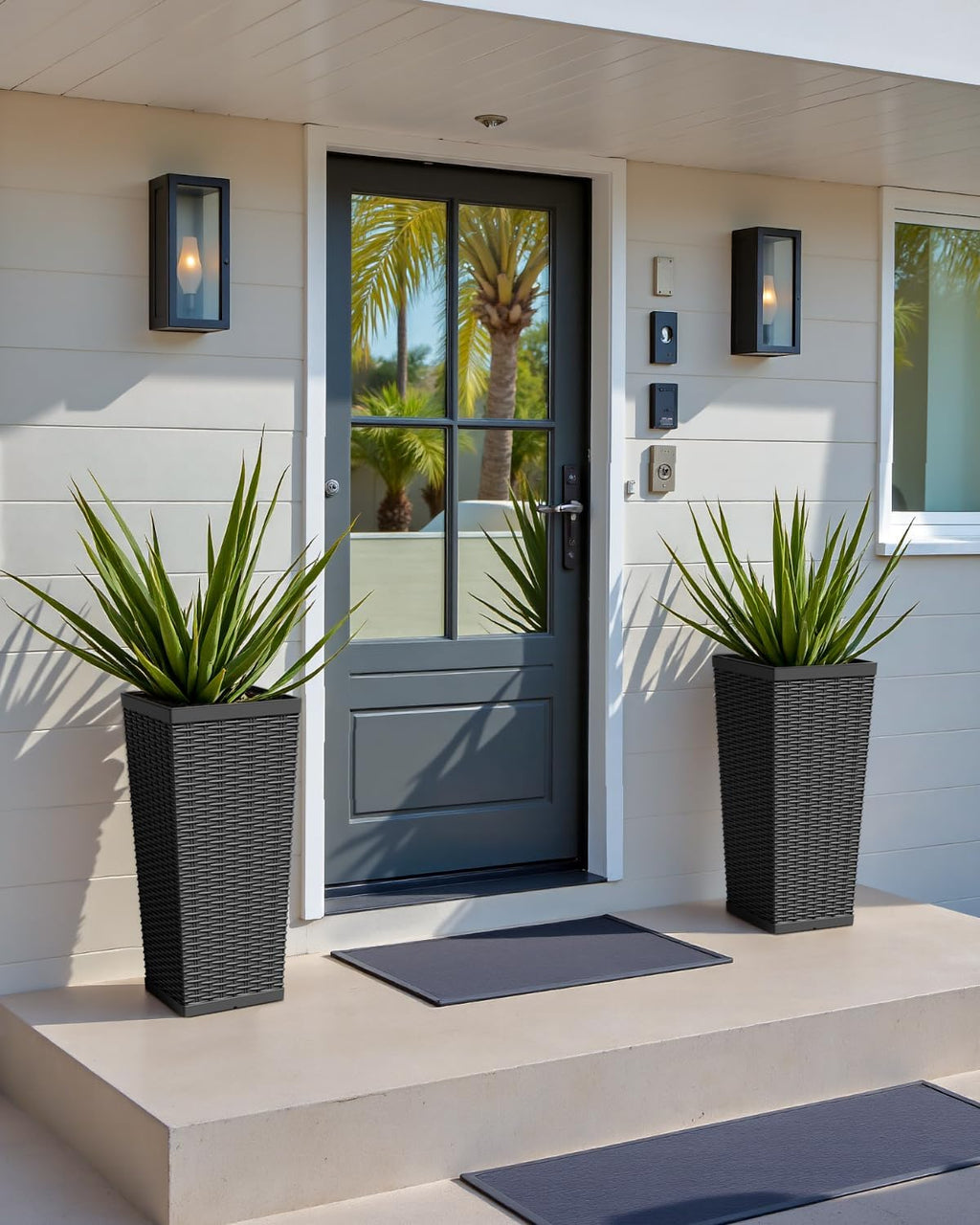 Greesum 24 Inch Tall Plastic Planters with Rattan Texture – Set of 2, Black | Detachable Inner Pot & Drainage Holes
