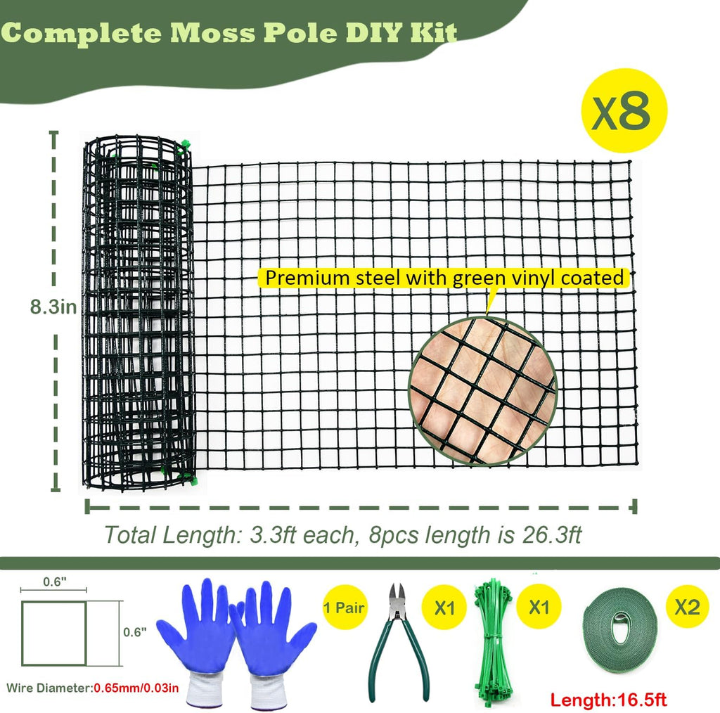 Moss Pole DIY Kit, 26.3ft Metal Moss Pole for Plants Monstera, 8Pcs 8.3in×3.3ft Steel Wire Mesh with Plier, Cable Zip