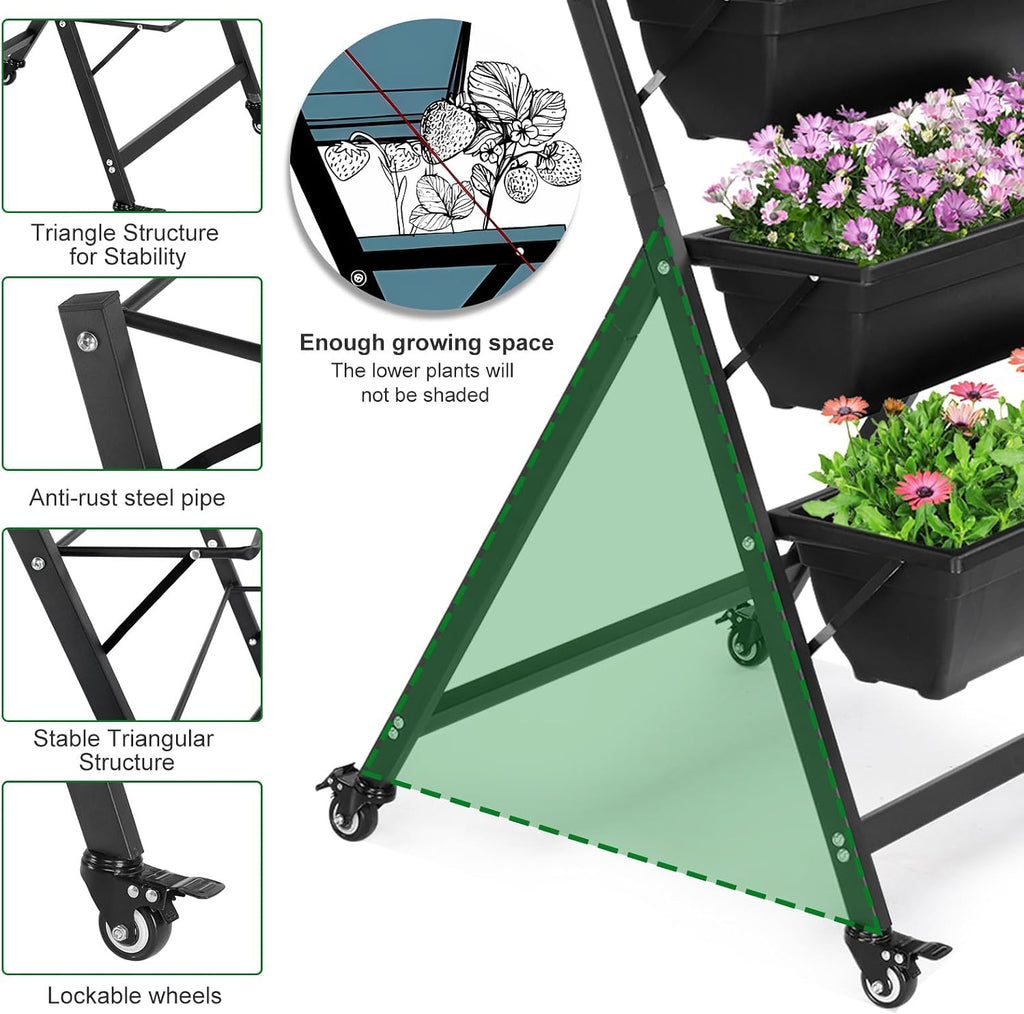 4.4 FT Vertical Garden Bed Removable 5 Tier Elevated with 4 Wheels | Vertical Raised Planter, Black Raised Bed Box