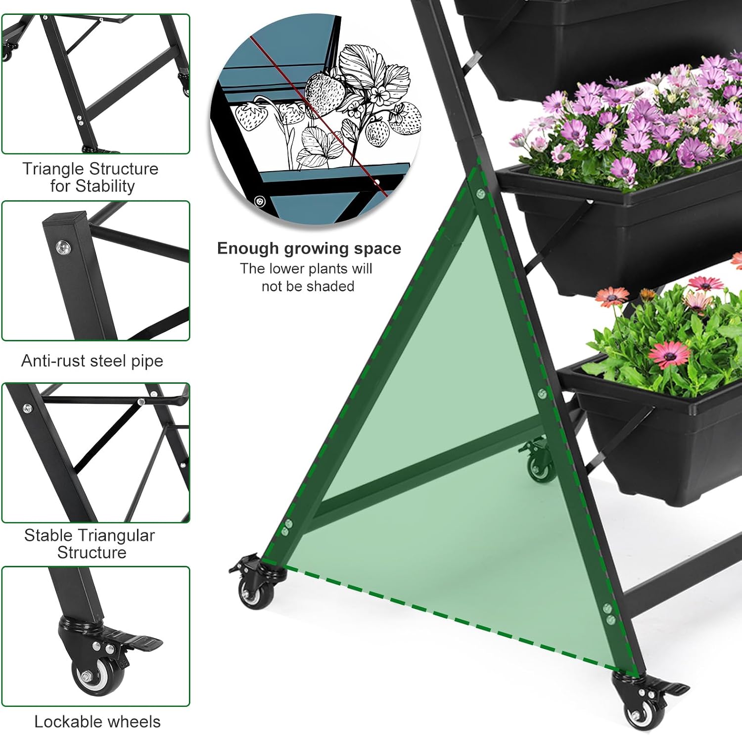 4.4 FT Vertical Garden Bed Removable 5 Tier Elevated with 4 Wheels | Vertical Raised Planter, Black Raised Bed Box