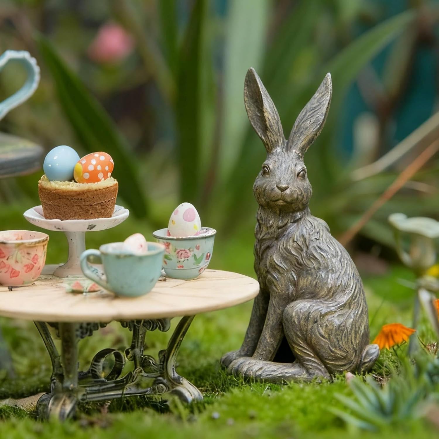 DiliComing Outdoor Rabbit Garden Statue 12 Inch Grey Bunny Yard Decor | Large Easter Bunny Decor, Resin Animal