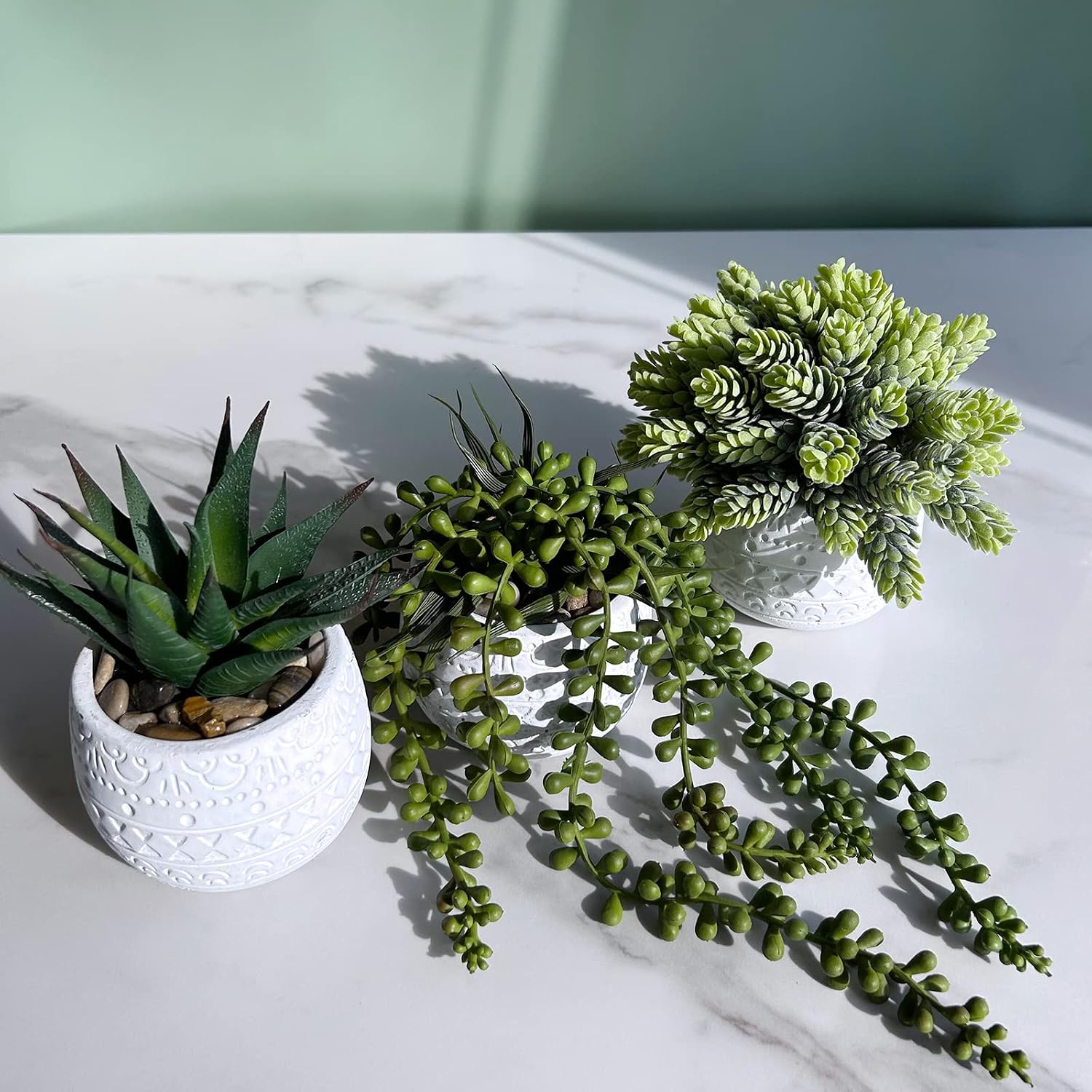 Winlyn 3 Pcs Assorted Small Potted Succulent Plants Artificial Aloe Hanging Succulent in White Geometric Concrete