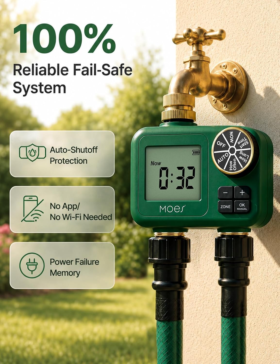 MOES 2-Zone Water Timer for Garden Lawn Hose, Brass 3/4 Inlet & Outlets | Independent Dual-Outlet Sprinkler Timer