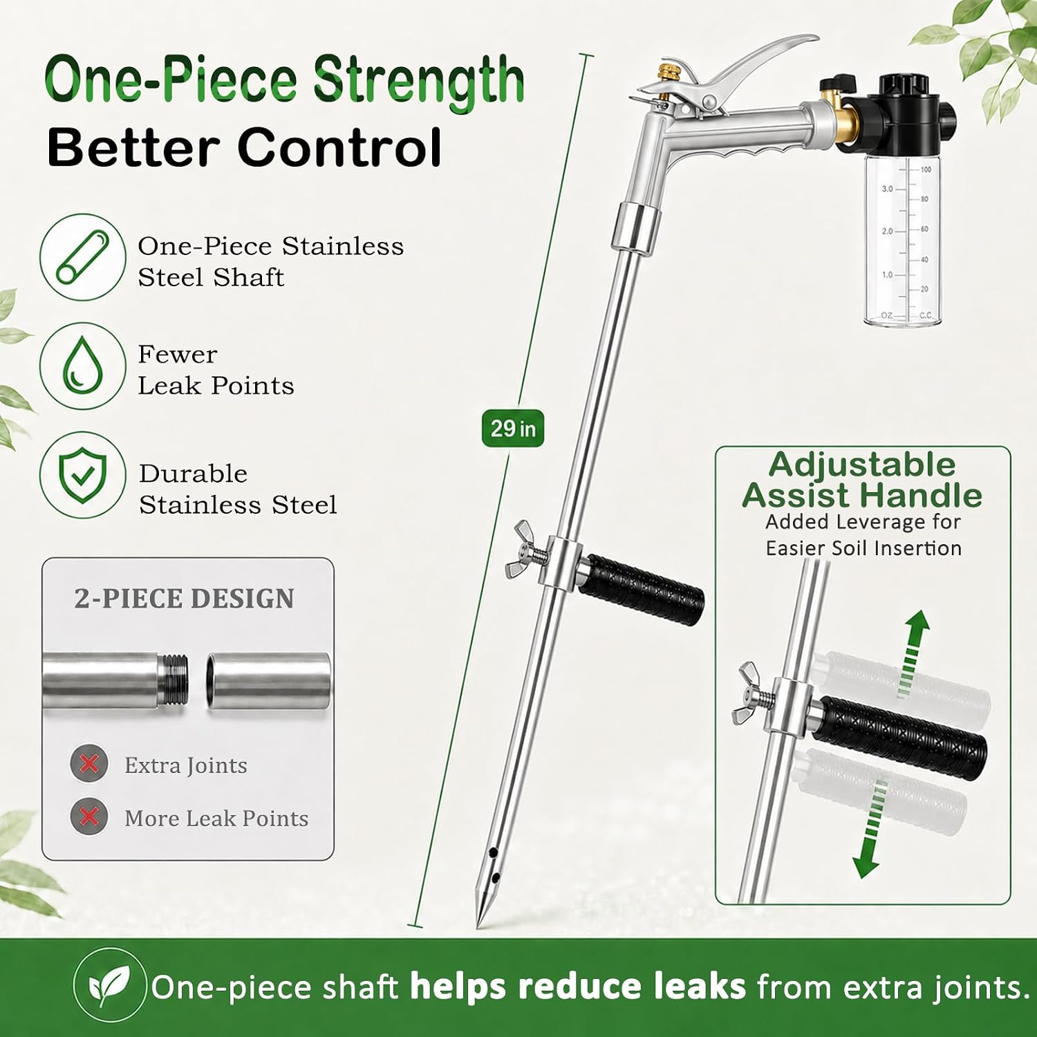 Deep Root Watering Tool for Trees with Trigger Handle & Fertilizer Bottle | One-Piece Stainless Steel Tree Watering