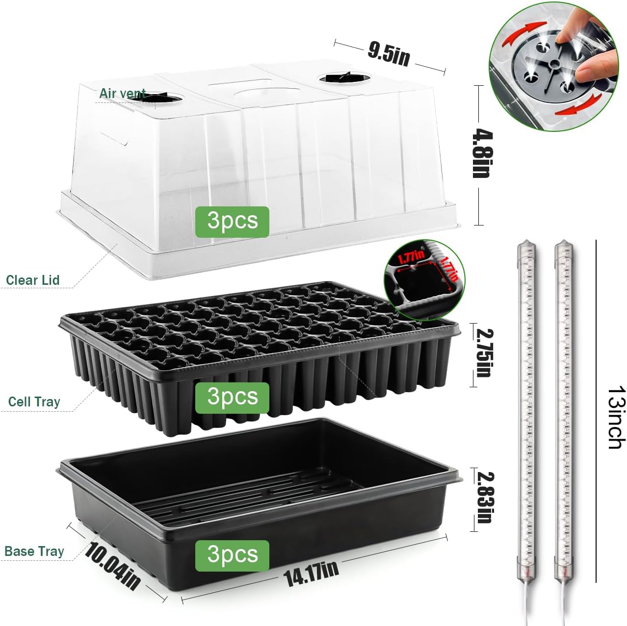 3-Pack Seed Starter Trays with Grow Lights, 5" Tall Humidity Dome & 54-Cell | 2.8" Deep Cells, 96 LEDs per Set, 3 Light