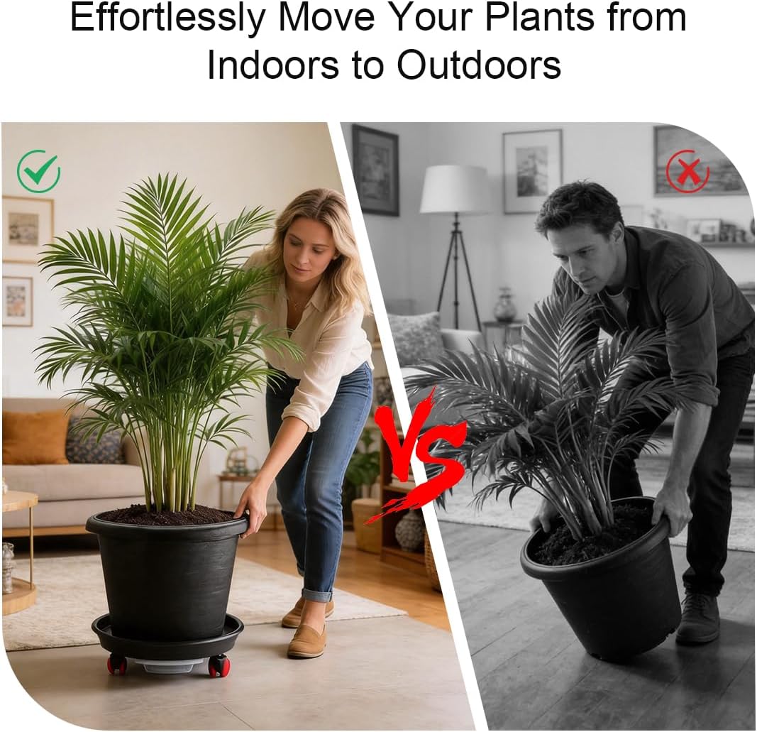 RooTrimmer 4 Pack 13 Inch Plant Caddy with Wheels and Drainage Tray, Gray | Heavy duty rolling plant stand with casters