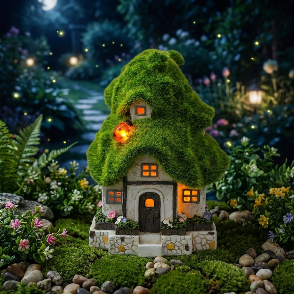 TERESA'S COLLECTIONS Flocked Garden Statue and Figurine Fairy House with Solar Outdoor Lights, Resin Garden Decor