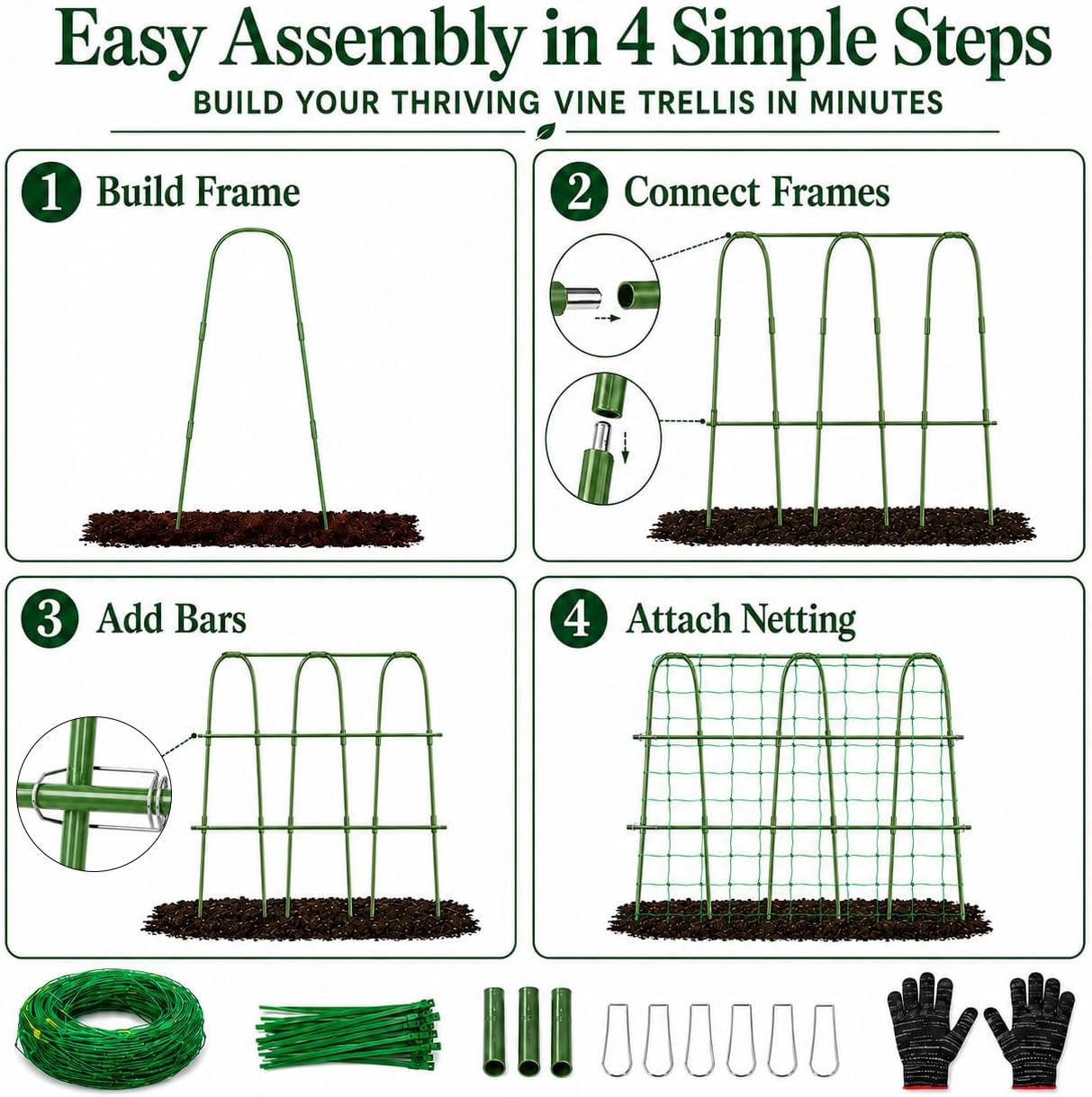 FOLLOOK Cucumber Trellis for Raised Garden Bed, 48x48inch, Green | Rustproof Metal Garden Arch Trellis for Climbing