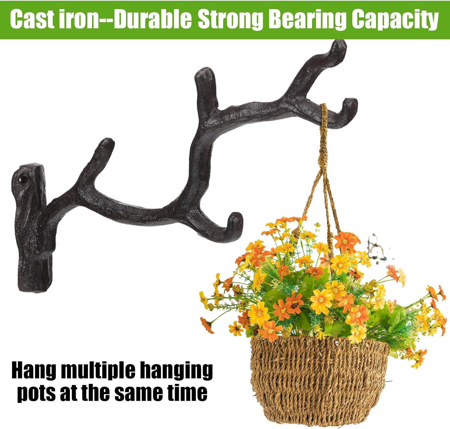 Blulu 2 Pcs 11'' Cast Iron Tree Branch Plant Hangers Decorative Metal Wall Bracket Hooks Wall Heavy Duty Home Storage
