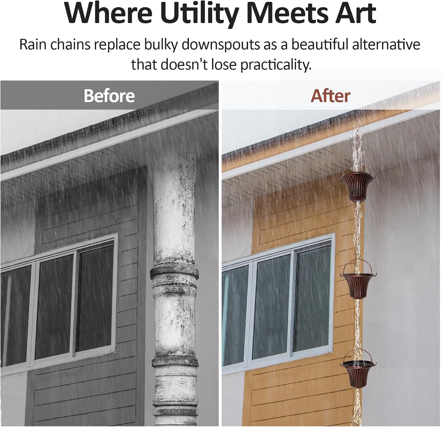 12.4FT Rain Chain for Gutters and Outdoor Drainage with 12 Cups | Iron Red Copper Cup Design, Adjustable Length, Easy