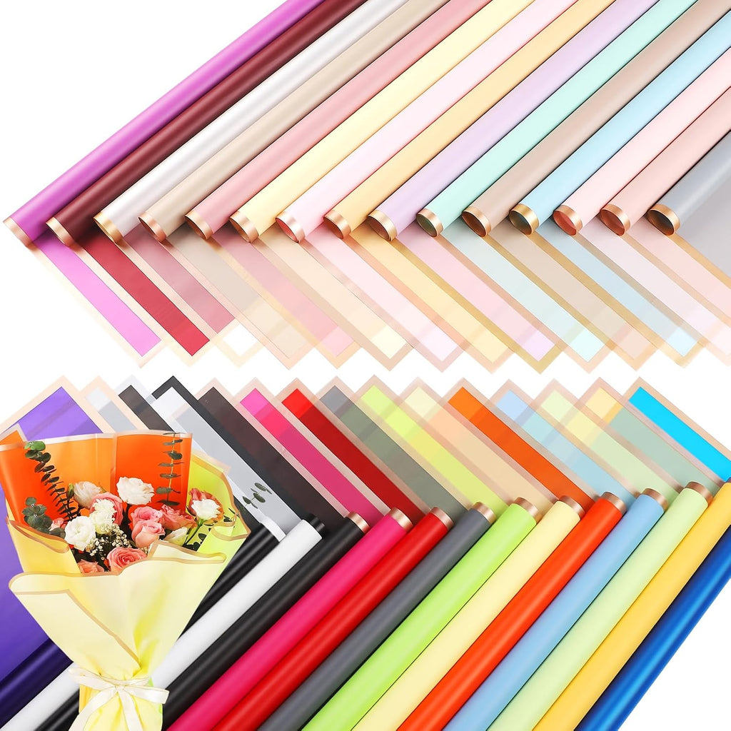 FF Sgdfc 300 Sheets Gold Edge Flower Wrapping Paper Waterproof Bouquet Packaging Paper Florist Bouquet Supplies for Wedding DIY Craft Gift Packing (30 Colors)