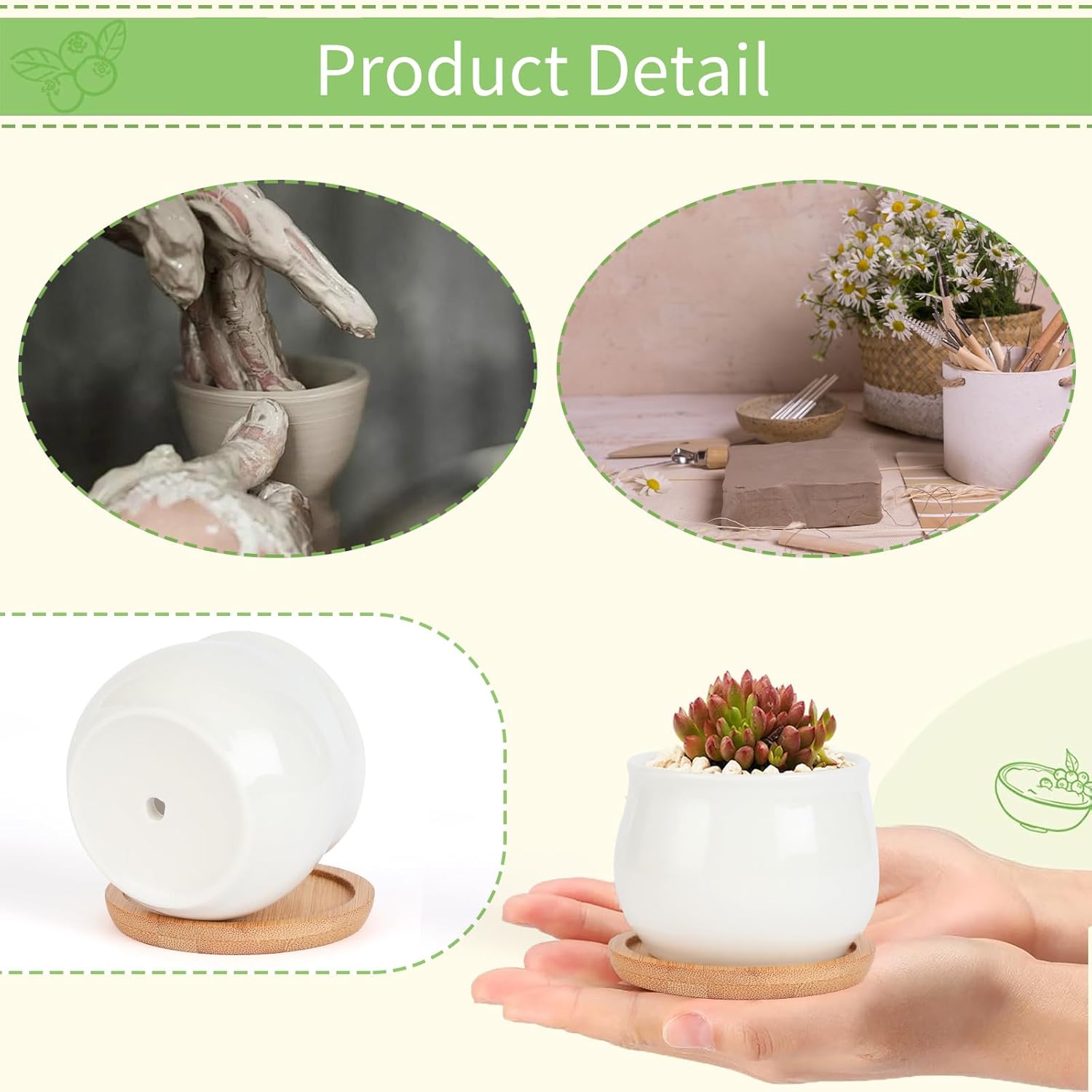 SHECIPIN Succulent Pots, White Mini 2.5 inch Ceramic Flower Planter Pot with Bamboo Tray, Pack of 12 - Plants Not