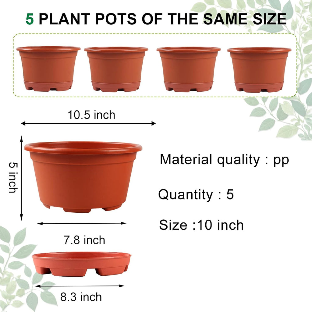 KPUVX 5 Pack 10.5 inch Plant Pots, Plastic Flower Pot | Indoor Outdoor, Drainage Holes & Trays, Decorative Garden