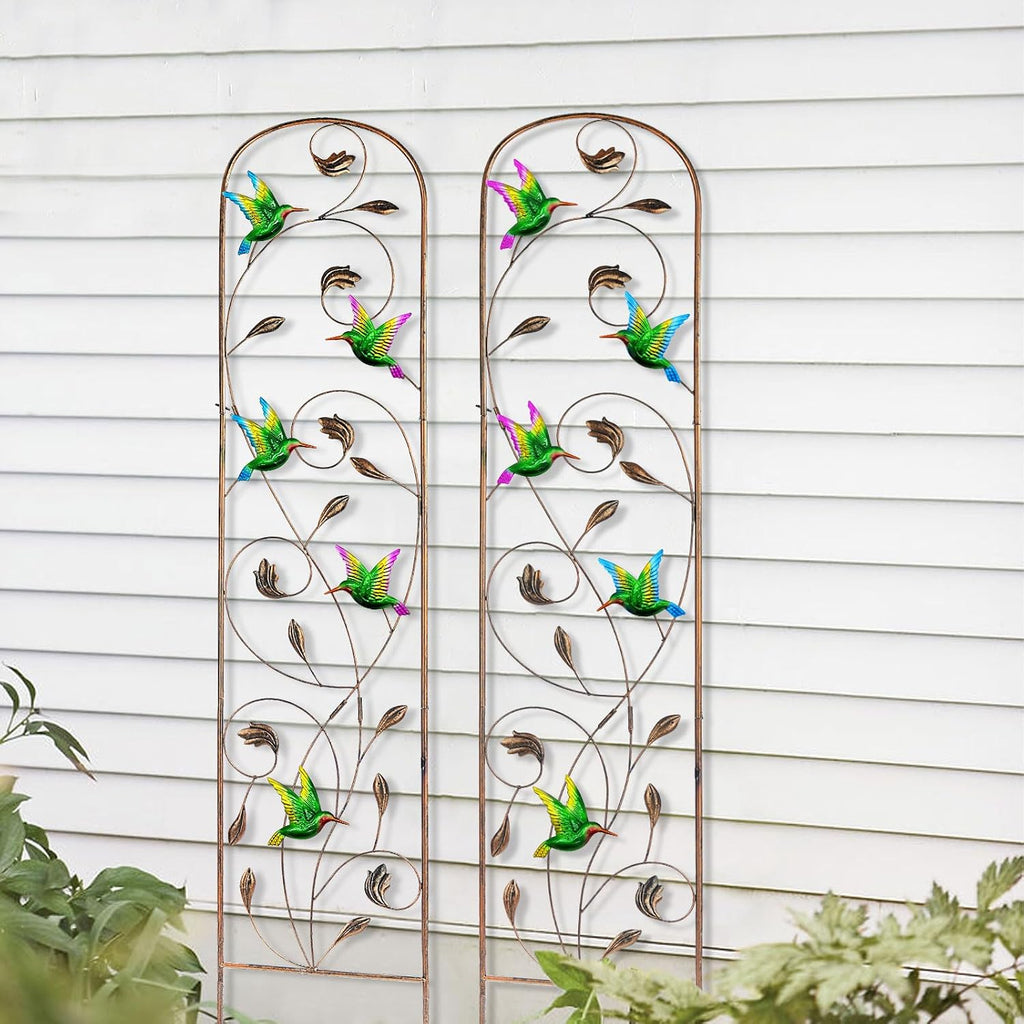 2 Pack Metal Garden Trellis for Climbing Plants | 60 Inch High, Decorative with Hummingbirds, Easy Assembly Arched