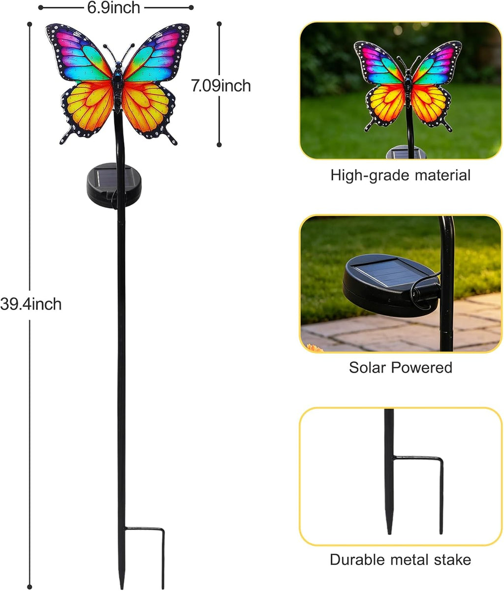 Solar Butterfly Garden Stake Light, 39.4" Outdoor Solar Garden Decor Light, Rainbow Glow Acrylic Butterfly, Auto On/Off