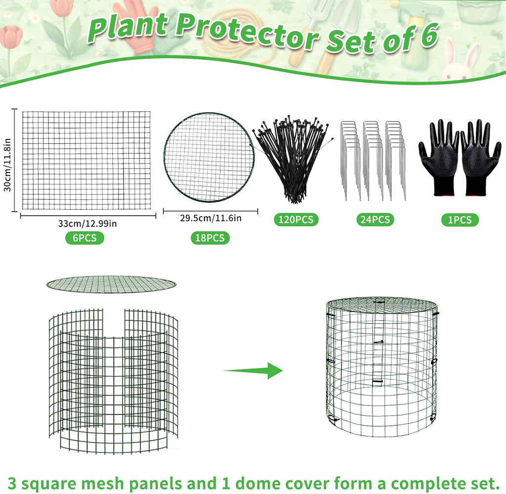 6 Pack 11.8×11.8in Plant Protectors from Animals, Wire Mesh Cages | Reusable Design, Protective Lid、Stakes、Zip Ties and