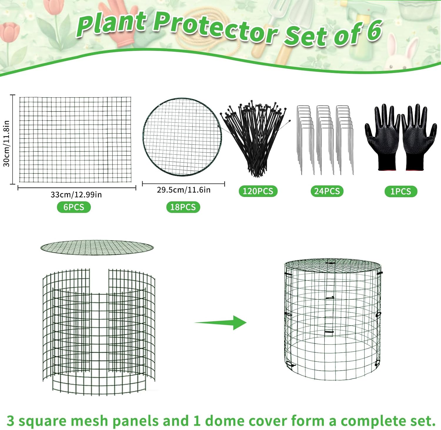 6 Pack 11.8×11.8in Plant Protectors from Animals, Wire Mesh Cages | Reusable Design, Protective Lid、Stakes、Zip Ties and