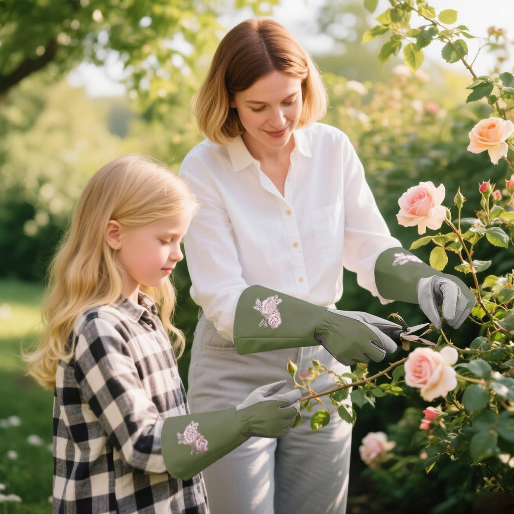 Rose Pruning Gloves with Forearm Protection, Thorn Resistant | Embroidery Design with Extra Long Cuff for Gardening and