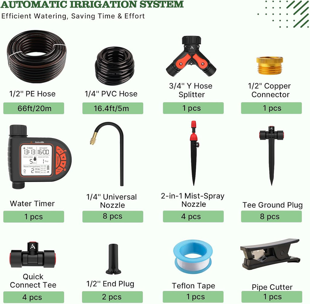 Anleolife 82.4FT Automatic Drip Irrigation System Kit with Water Timer | 8 Programs & LCD Timer, Quick-Connect System