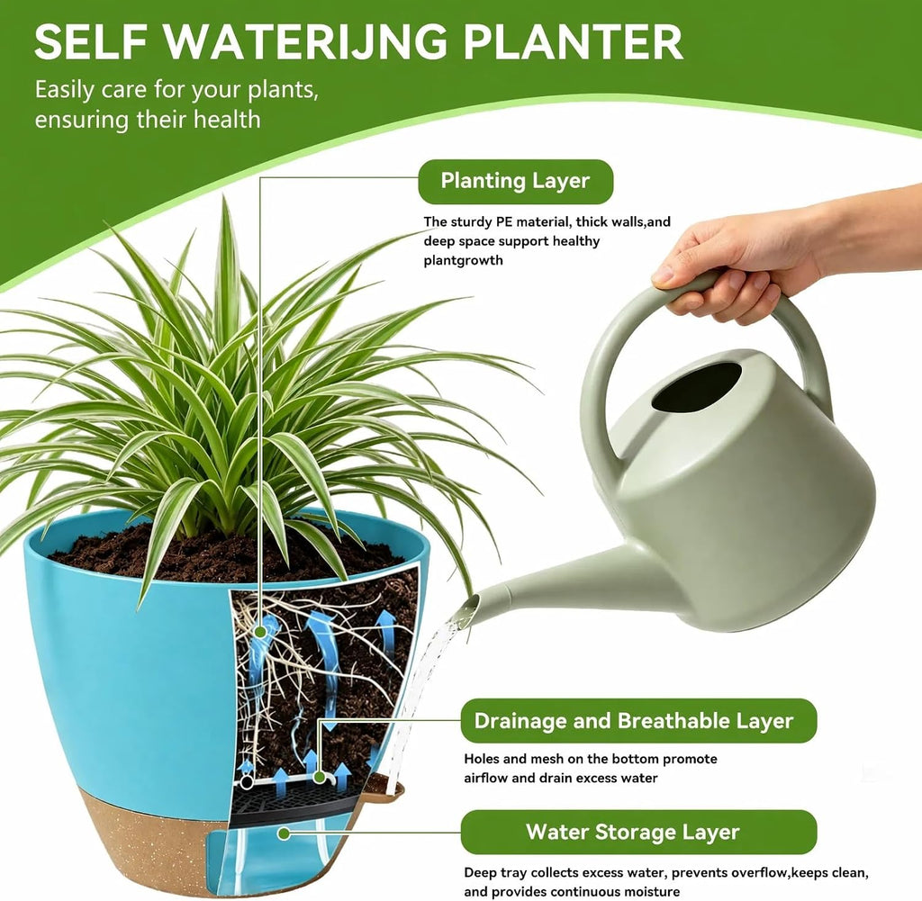 Ecolley Plant Pots 8/10/12 Inch Self Watering Pots, Set of 3 Plastic Planters with Drainage Holes and Saucers,Plastic