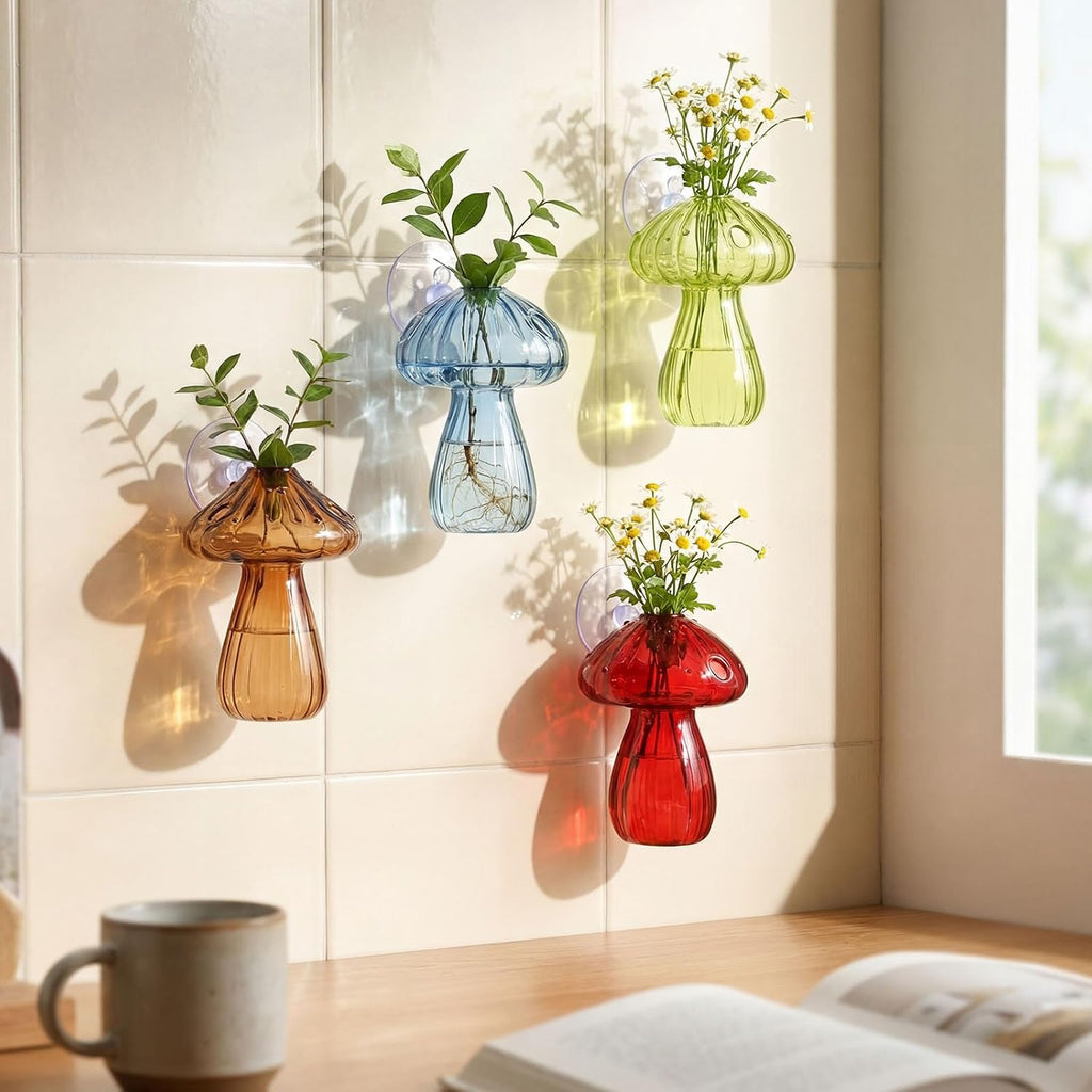 LemonRoad 8 Pcs Mushroom Window Propagation Stations with Suction Cups Cute Glass Wall Hanging Planter Holder Flower